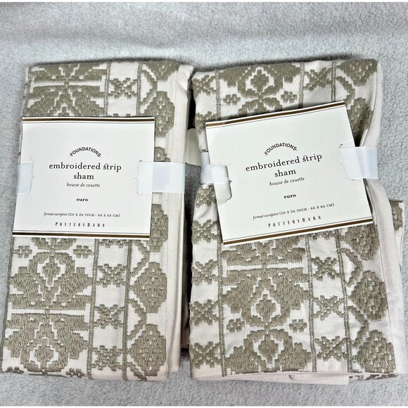 Pottery Barn Euro Sham beige cotton, embroidered set 2 - Picture 1 of 7
